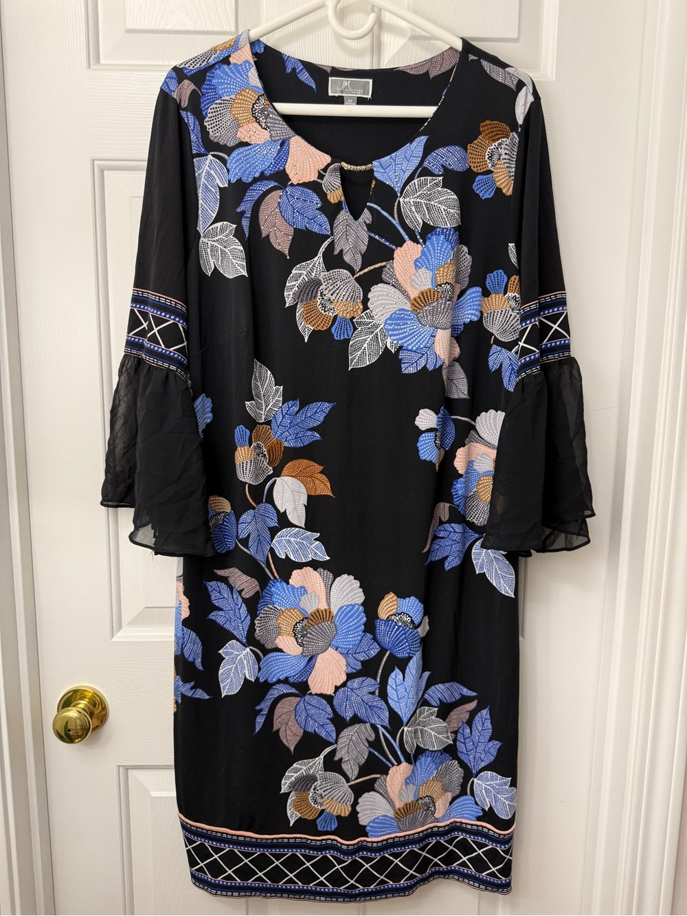 JM Collection Black Floral Bell-Sleeve Dress with Blue and Peach Accents